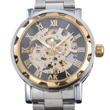 Skeleton Golden Roman Numerals Vintage Mens Auto Mechanical Wrist Watch