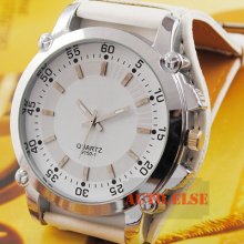 Solid White Fashion Leather Band Mens Quartz Wrist Watch Dress