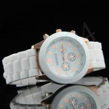 Sports Quartz Round Dial Wrist Watch Wristwatch White Silicone Watchband Lady