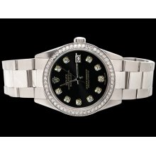 Stainless steel oyster bracelet rolex watch black diamond dial bezel datejust