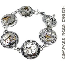 Steampunk Bracelet Watch Movement Antique Jeweled Mechanisms Statement Bracelet on Silver Filigree by Compass Rose Design
