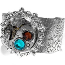 Steampunk Jewelry Cuff Antique WALTHAM Pocket Watch Turquoise Mocha Crystals Etched Pattern GORGEOUS - Steampunk Jewelry by edmdesigns