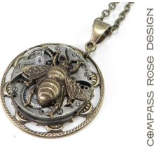 Steampunk Necklace - Clockwork Bee on Time - Watch Movement - Brass Victorian Pendant
