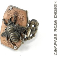 STEAMPUNK Ring - Victorian Bee - Copper - Clockwork Watch Face Cocktail Statement Ring - Brass Filigree