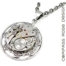 Steampunk Watch Necklace - Antique Mechanical Watch Movement - 17 Jewels - Silver Victorian Pendant