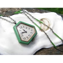 Striking Art Deco Juvenia Pendant Watch and Chain - Beautiful Green and Black Enameling - 25 inch Silver and Enamel Chain