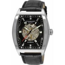 Stuhrling Original 182C2.33151 Mens Millennia Prodigy Skeleton Watch Stainless Steel Tonneau Case with Black Dial on Black Leather Strap