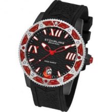 Stuhrling Original 225G.335664 Mens Round Watch on a Black Case and Black Rubber Strap Black Dial and Red Bezel
