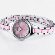 Stylish Crystal Ladies Bracelet Quartz Wrist Women Watch Pink / White