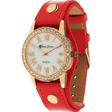 Susan Graver Leather Strap Watch with Mother-of-Pearl Dial - Red - One Size