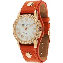 Susan Graver Leather Strap Watch with Mother-of-Pearl Dial - Orange - One Size
