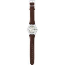 Swatch Men's Originals GE704 Brown Leather Quartz Watch with White Dial