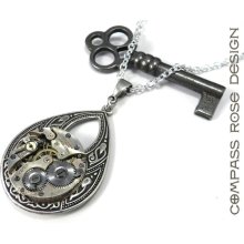 Teardrop Steampunk Necklace - Mechanical Watch Pendant - 7 Jewel Silver Teardrop - Industrial Urban - Longer Chain - Compass Rose