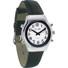 Tel Time Mens Chrome Talking Watch White Face Leather Band
