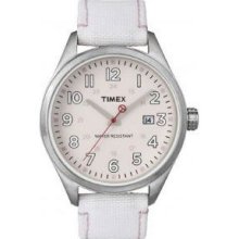Timex Womans Originals Cream Dial Date Window White Leather Strap Watch T2n350