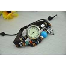 Top Quartz Weave White Leaf Style Leather Women Wristwatch Bracelet Watch Fbw007