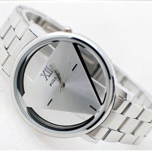Transparent Silver Face Mens Women Triangle Dial Stainless Steel Wrist Watch