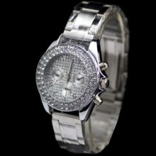 Trendy Bling Crystal Stainless Steel Women Ladies Silver Quartz Fashion Watch
