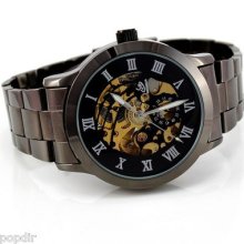 Typical Titanium Black Dial Automatic Skeleton Mechanical Mens Watch Steel Band