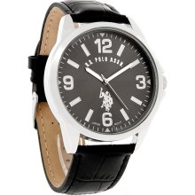 U.S. Polo Assn Mens Gray Dial Black Leather Band Dress Quartz Watch USC50007