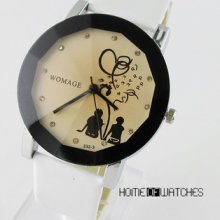 U3 Ladies Men Couple Lover White Leather Quartz Analog Wrist Watch