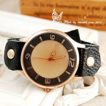 Unique Botton Soft Cowskin Leather Strap Rose Gold Case Women Watch R