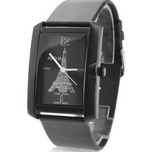 Unisex Leather Analog Quartz Watch Wrist with Eiffel Tower Pattern (Black)
