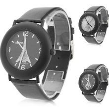 Unisex Leather Analog Quartz Watch Wrist 0687a (Black)