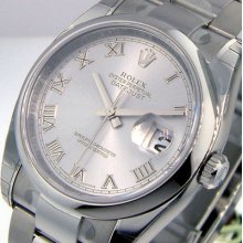 Unworn Mens Rolex Steel 36 Mm Datejust Oyster Rhodium Roman Dial 116200