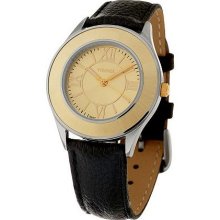 Vicence Round Satin Finish Bezel Black Leather Strap Watch, 14K - Yellow - One Size
