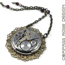 Victorian Steampunk Necklace - Vintage Watch Movement Edwardian Steampunk Pendant - Burgundy Ruby Jewels