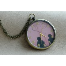 Vintage Anitque Brass Pocket Watch Necklace Love Heart Watch Necklace Women Lovers Watch Necklace Pink Pocket Watch Necklace,PC-91