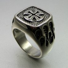 Vintage Biker Black Silver Stainless Steel Flame Cross Mens Ring