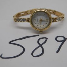 Vintage Jewelry Watch Ladies Quartz Rhinestones Runs Great 589