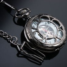 Vintage Mechanical Steampunk Style Black Skeleton Steel Mens Windup Pocket Watch