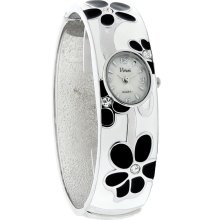 Vivani Quartz Ladies Black & White Floral Enamel Bangle Bracelet Watch
