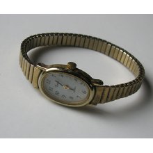 Vtg Gold Tone Sm Oval Face Metal Flex Band Timex Ladies Womens Dress Watch 215