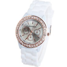 Watch Silicone Quartz Ladies Women Golden Wrist Gift Rubber White Rhinestone