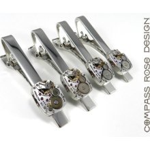 Wedding Tie Clip Set - Mens Gift - Mechanical Watch Movement Tie Clip - Hamilton - Silver Tie Bar - Set of 4