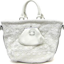 White Designer Inspired Crochet Satchel w/ Kiss Lock Coin Purse