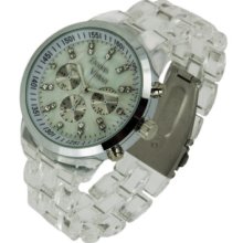 White Face Silver Clear Acrylic Link Band Bracelet Clipper Watch