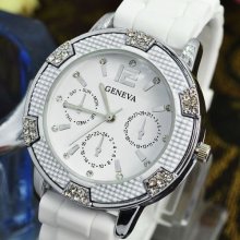 White Soft Silicone Belt Analog Women's Hours Hands Crystal Wrist Quartz Watch