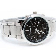 Wilon Three Sub Dial Black Dial Silver Band Mens Stainless Steel Wrist Watch
