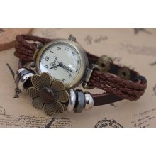 Women Leather Wrap Bracelet Watch with Bead and Sun flower