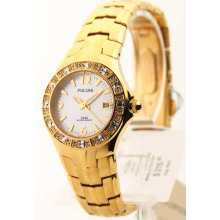 Womens Pulsar Steel Goldtone Crystal MOP Date Watch PXT694