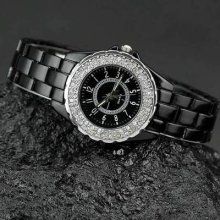 Women's Quartz Watch Black Silicone Watchband Rinestone Decoration