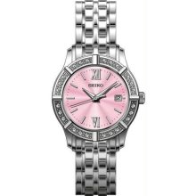 Women's Stainless Steel Quartz Pink Dial Roman Numerals Swarovski Crystals on Be