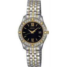 Women's Two Tone Stainless Steel Quartz Black Dial Roman Numerals Swarovski Crys