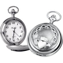 Woodford Quartz Pocket Watch, 1875/Q, Men's Chrome-Finished Celtic Claddagh Pattern With Chain (Suitable For Engraving)