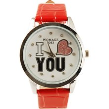 You I Love Pattern PU Leather Band Cute Quartz Lady's Wrist Watch - Red
